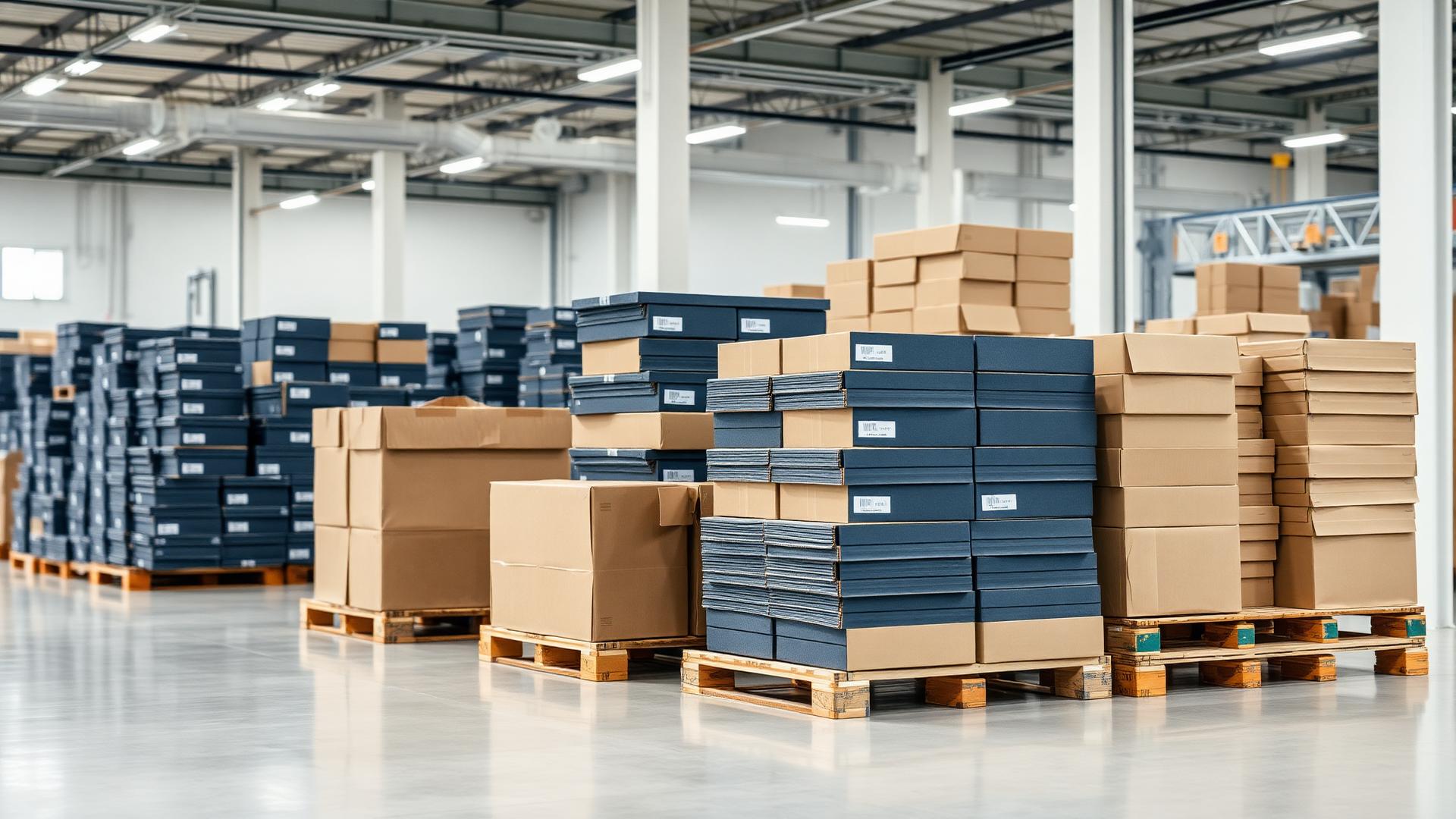 Caixas e embalagens industriais organizadas em um centro de distribuição moderno